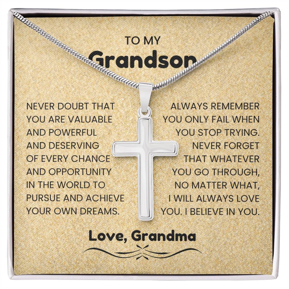 To My Grandson - Gift for Grandson from Grandma - I will always love you - Artisan Cross Necklace
