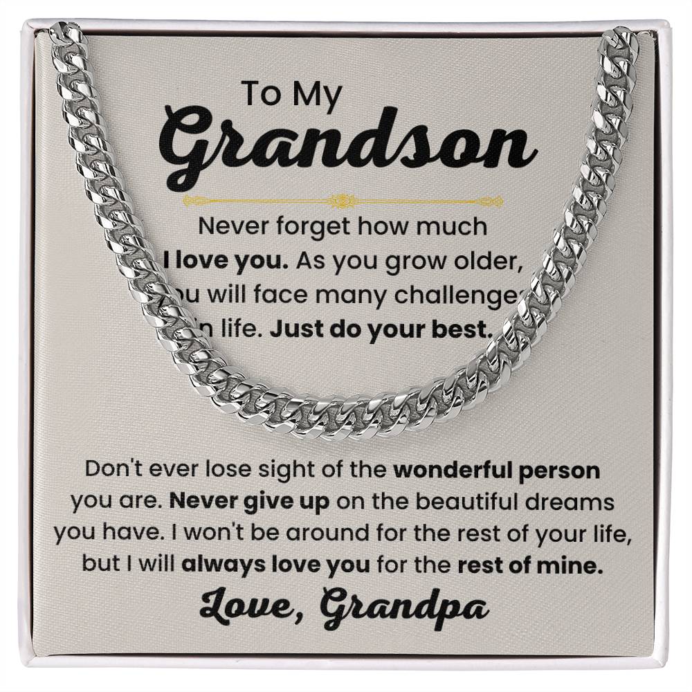 Grandson Necklace Gift from Grandpa, Birthday, Graduation & Christmas Jewelry - Cuban Link Chain