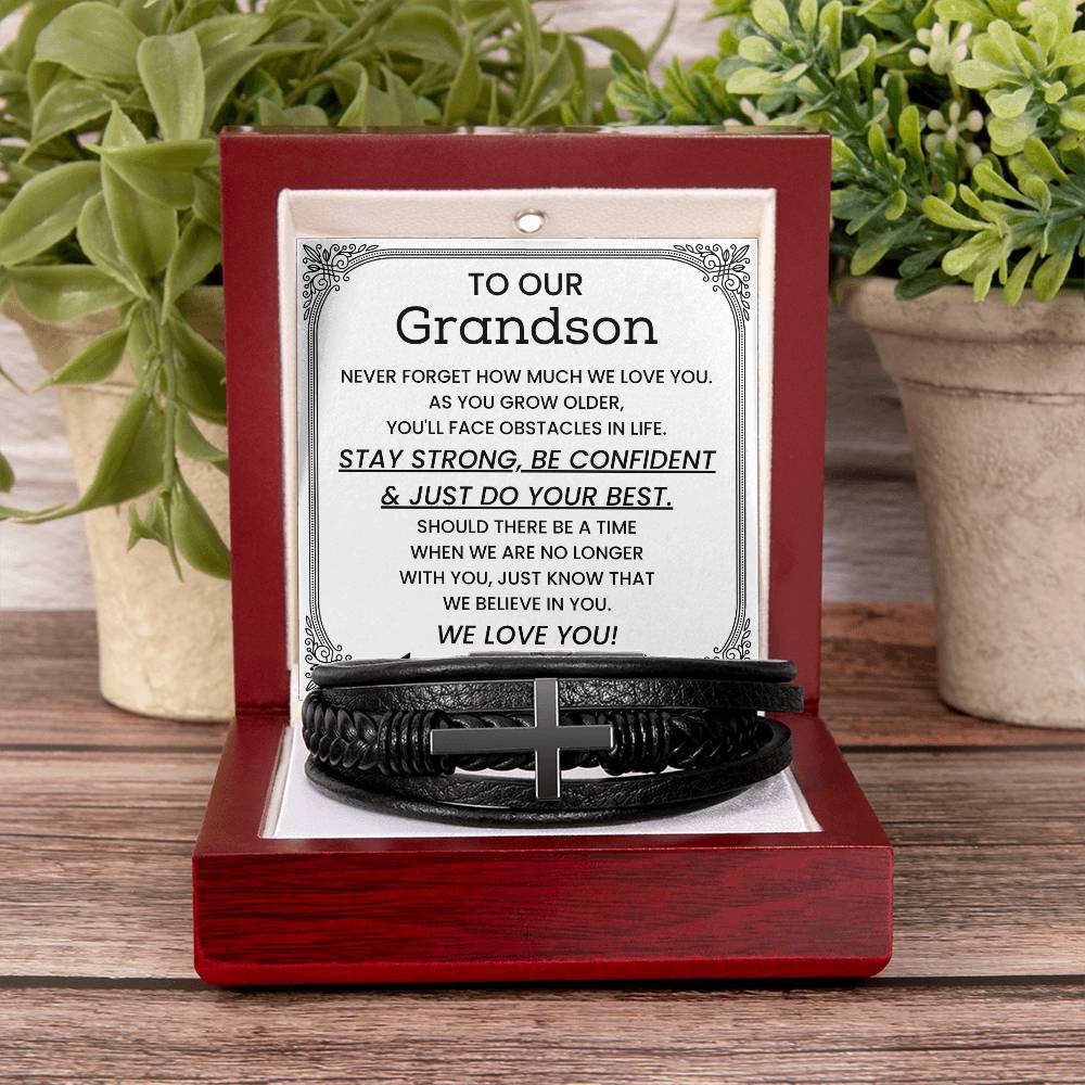To Our Grandson - Gift for Grandson from Grandparents - Stay Strong, Be Confident & Just Do Your Best - Men's Cross Bracelet