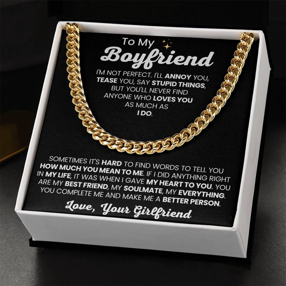 To My Boyfriend - Cuban Link Chain - Girlfriend to Boyfriend Anniversary, Christmas & Birthday Gift