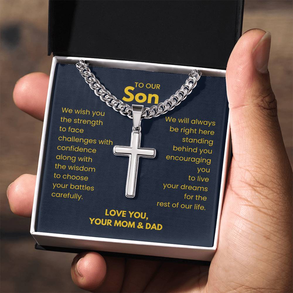 To Our Son - Son Gift from Mom and Dad - Artisan Cross with Cuban Link Chain