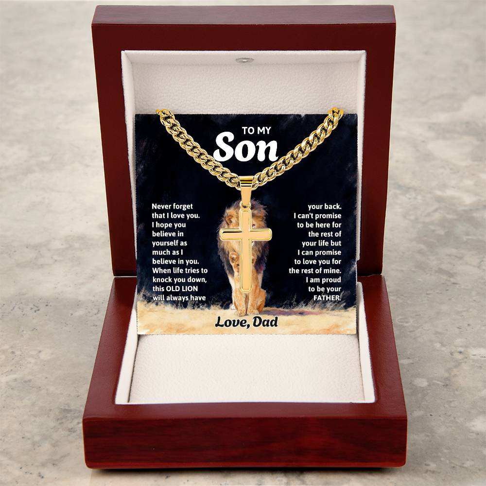 To My Son Necklace - Gift for Son from Dad - Never forget that I love you - Artisan Cross with Cuban Link Chain